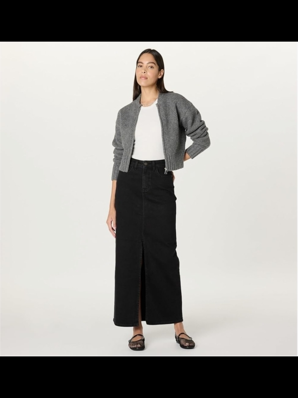 NWT The Drop Black Denim Maxi Skirt Size M Front Slit